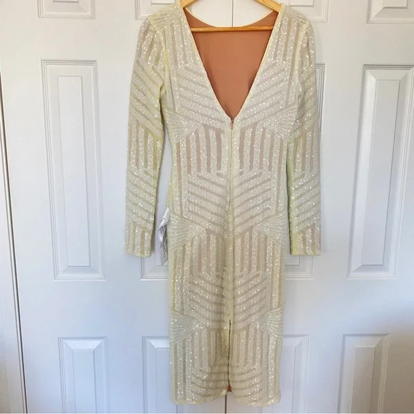 Dress the Population Cream Embellished V-Neck Bodycon Dress